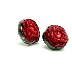 Vintage 90s Sterling Silver Red Coral Handcarved Artisan Rose Stud Earrings